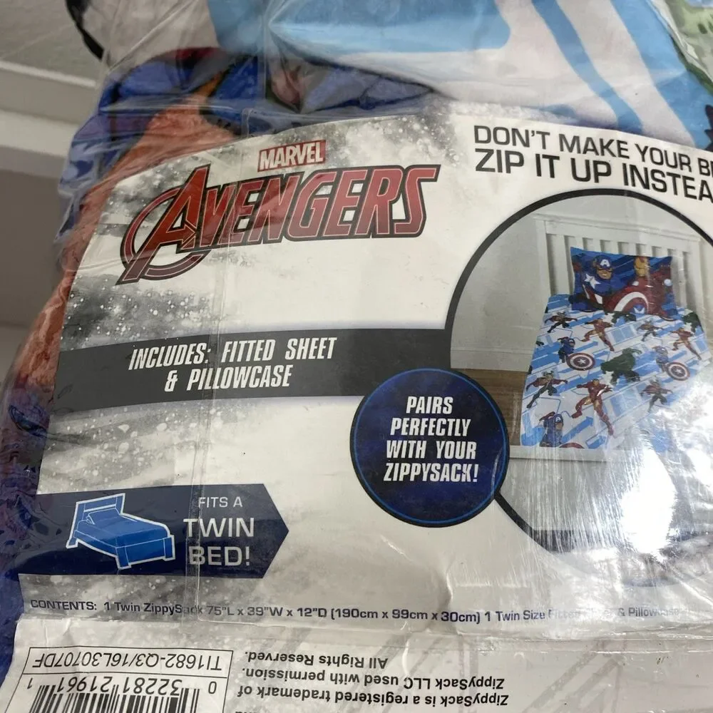 NEW ZippySack Marvel Avengers Twin Bed Zip Up Blanket 3 Piece Sheet & Pillowcase